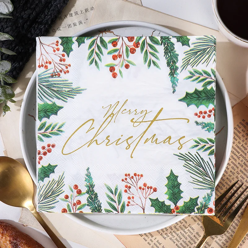 20 pieces of Christmas guest watercolor holly leaf tissue  disposable lunch handkerchief Christmas party tableware and supplies