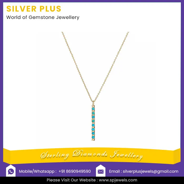 Solid 18K Yellow Gold Genuine Sleeping Beauty Arizona Turquoise Gemstone Bar Drop Pendant Necklace  Manufacturer