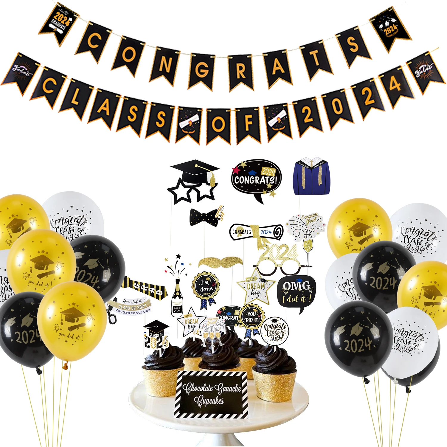85pcs Cake toppers graduation props graduation decor balloons  2024 Graduation Party Decoration Set