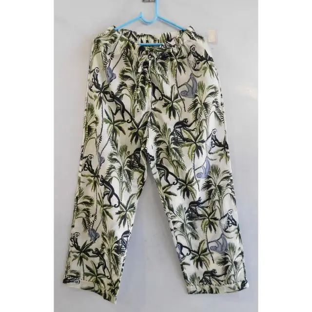 Indian Cotton Monkey Hand Block Printed Green Casual Sleepwear Long Sleeve Night Suit Comfortable Pajama Set
