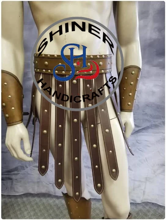 Medieval Armor Leather Roman Heavy Brass Leather Belt Greek Spartan Brown Leather Arm Guards & Leg Guard Men Halloween  Costume