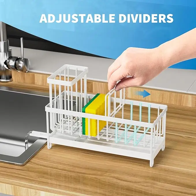 Sink Caddy with High Brush Holder Organizer Rustproof Stainless Steel Dish Organizer Divider Utensil Holder