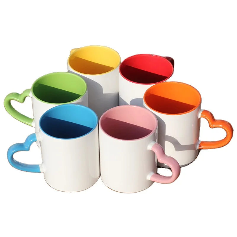 China Heat Transfer Blank Inner Color Coating Coffee Travel Sublimation Custom Ceramic Mug With Heart Handle