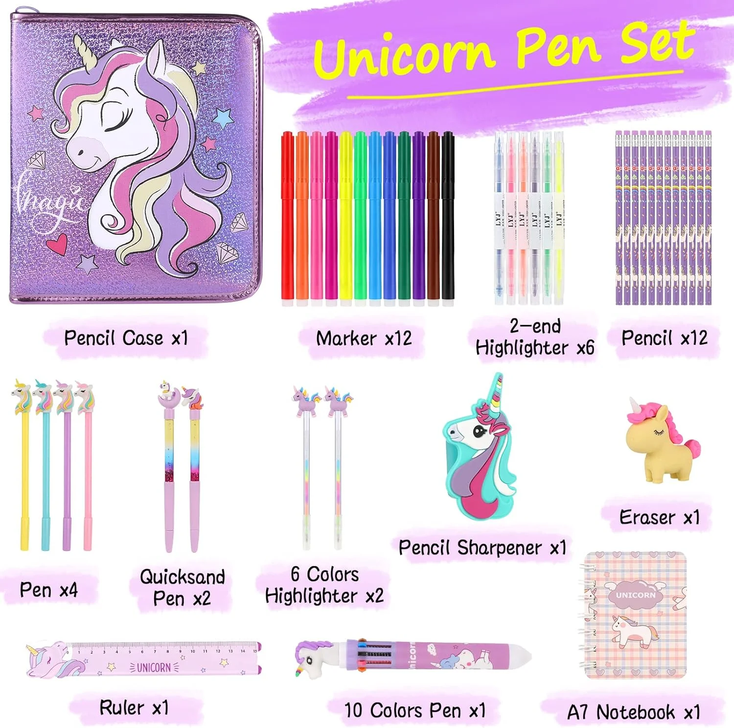 New Design Unicorn Art Supplies Pencil Case Portable Kids Coloring Painting Marker Set For Girls Holiday Gifts