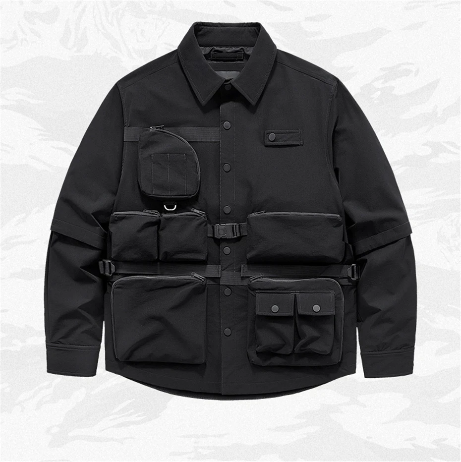High Quality Harajuku Tech wear Hip Hop Cargo Shirt Jacket Men Spring Autumn Long Sleeve Shirts Pocket Shirt