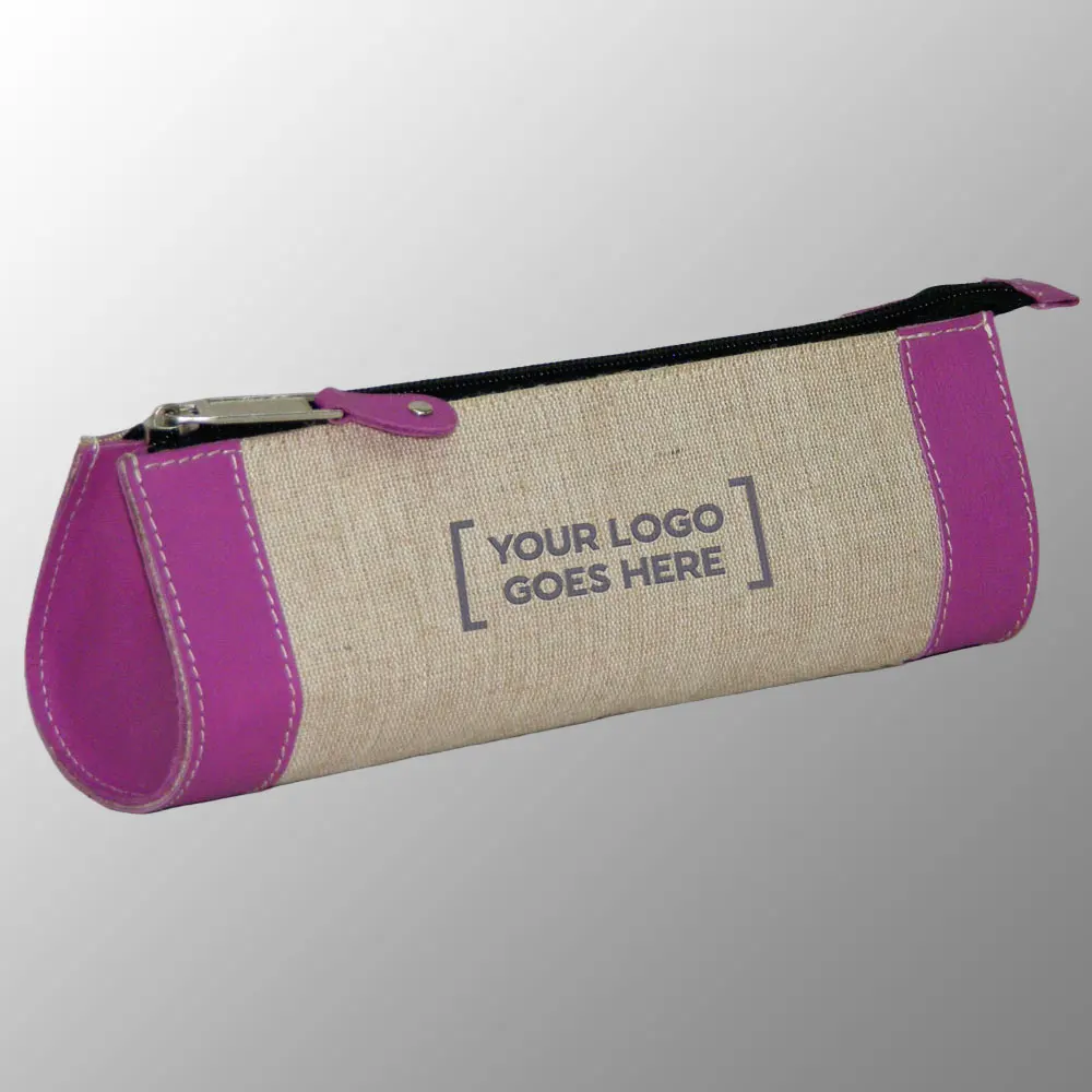 Custom Printed Jute Cotton Pencil Cases with Real Leather Trims custom printed with your artwork or logo