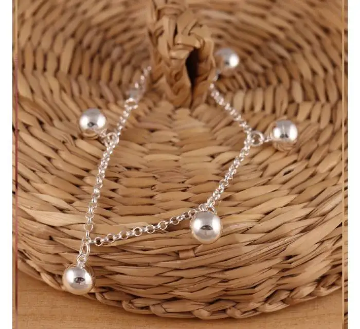 Solid 925 Sterling Silver Bead Ball Rolo Chain Bracelet with Charm Beads Elegant Fine Bangle Jewelry