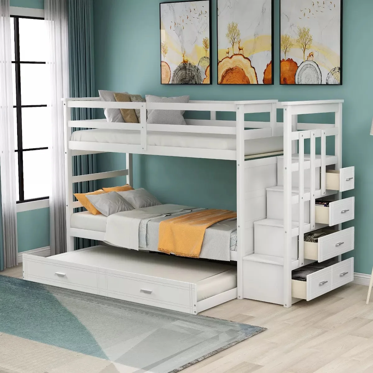 Versatile Twin Bunk Bed with Shelves and Trundle Premium Solid Pine Wood for Kids and Adults Unbeatable Wholesale Price