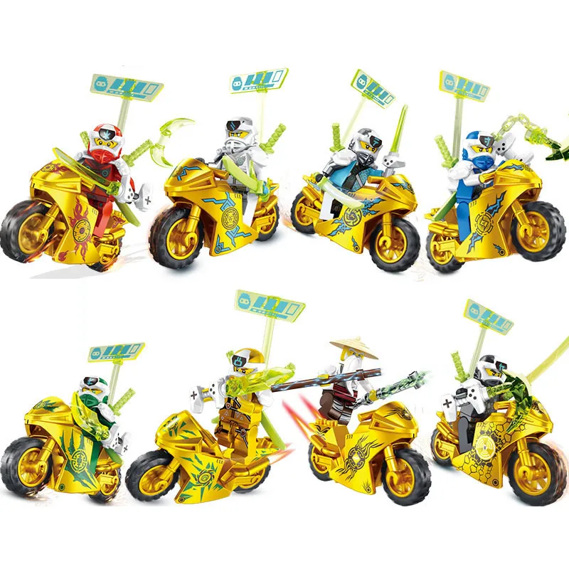 8Pcs MG191 Anime Movie Minifigs Collection Ninja Go Building Block Gold Ninja Mini Figures with Motorcycles Kids Blocks Toys