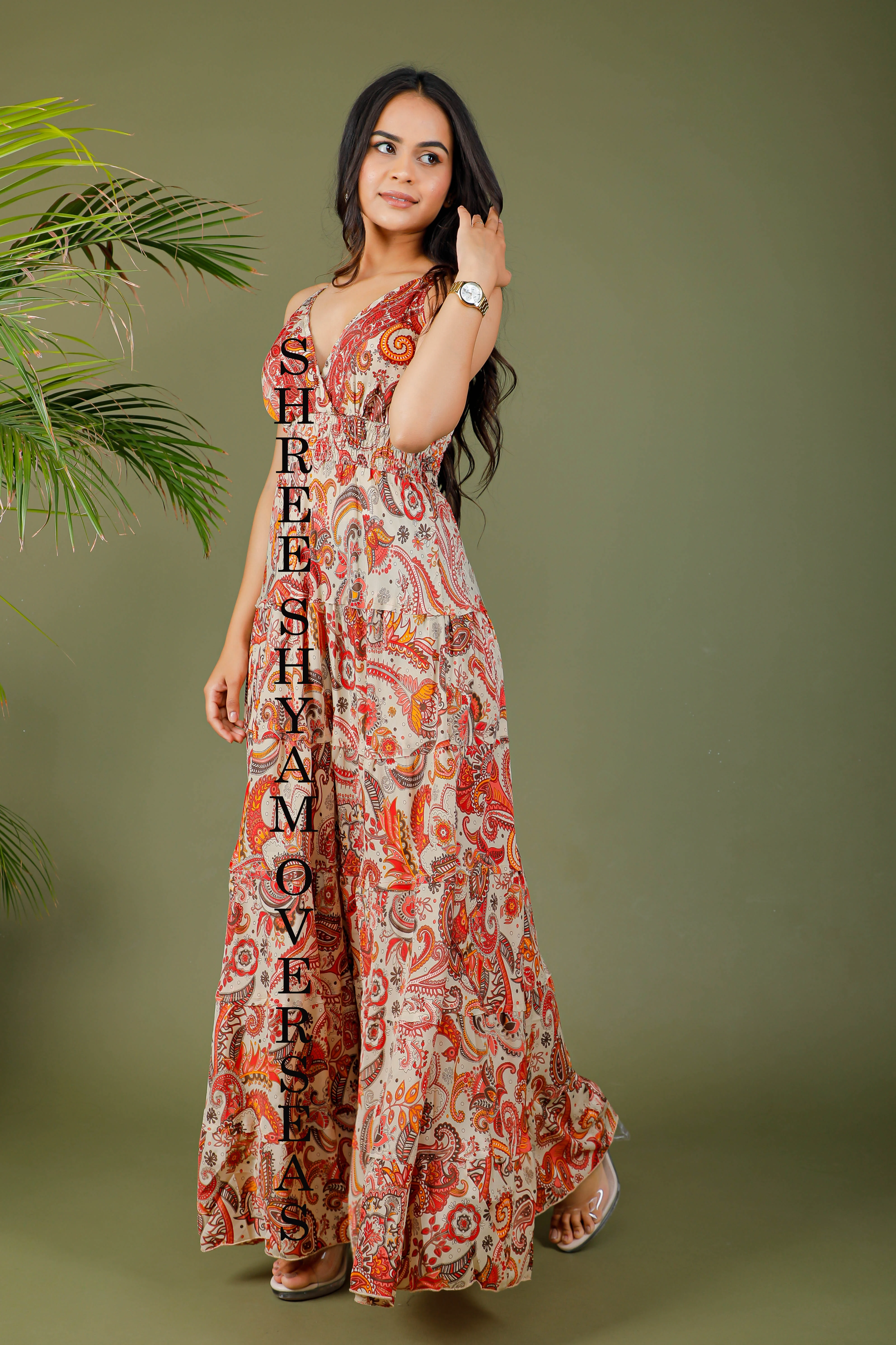 2023 New Summer Collection Silk Long Dress Party Wear Long Sleeveless Spaghetti Backless Printed Maxi Dress