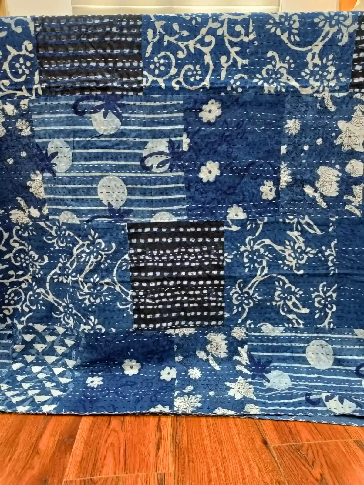 Indian Hand Block Kantha Bed Cover Gudari Indigo Patchwork Printed 100% Cotton