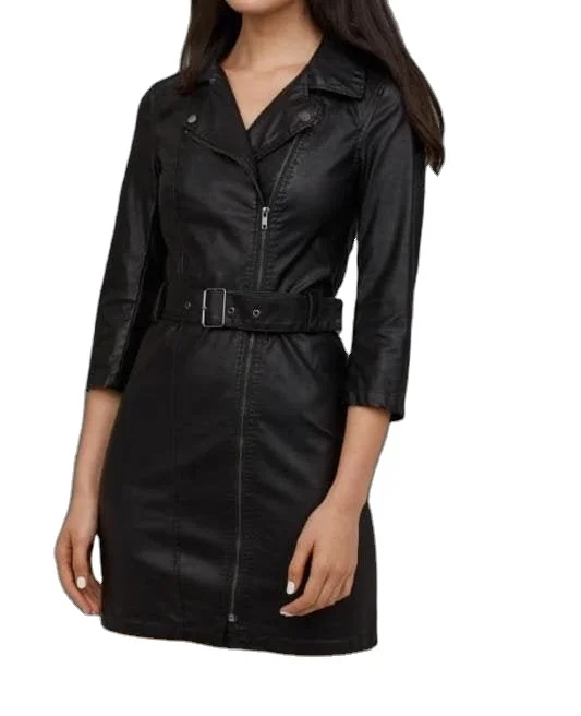 Waist belt Ladies sleeveless sheep leather dress/Shoulder straps leather dress black/New design black leather dress for women