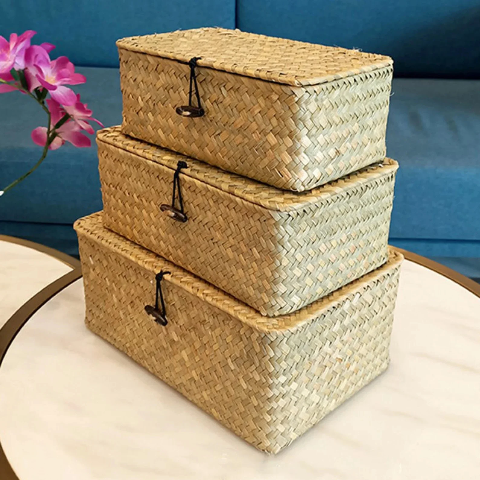 Seagrass storage baskets with lid cosmetic straw storage box from Vietnam
