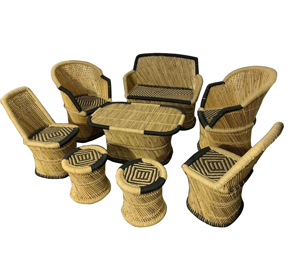 Hot Sale Bamboo handmade Furniture Set of 8 Including Xl size Chairs Table  Stools for living rooms, Hotels Resorts Use