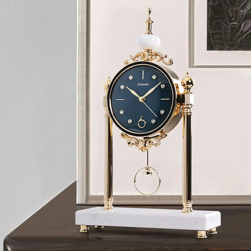 Japandi Traditional Metal Blue Round Mantel & Table Top Clock with Pendulum White Marble Base