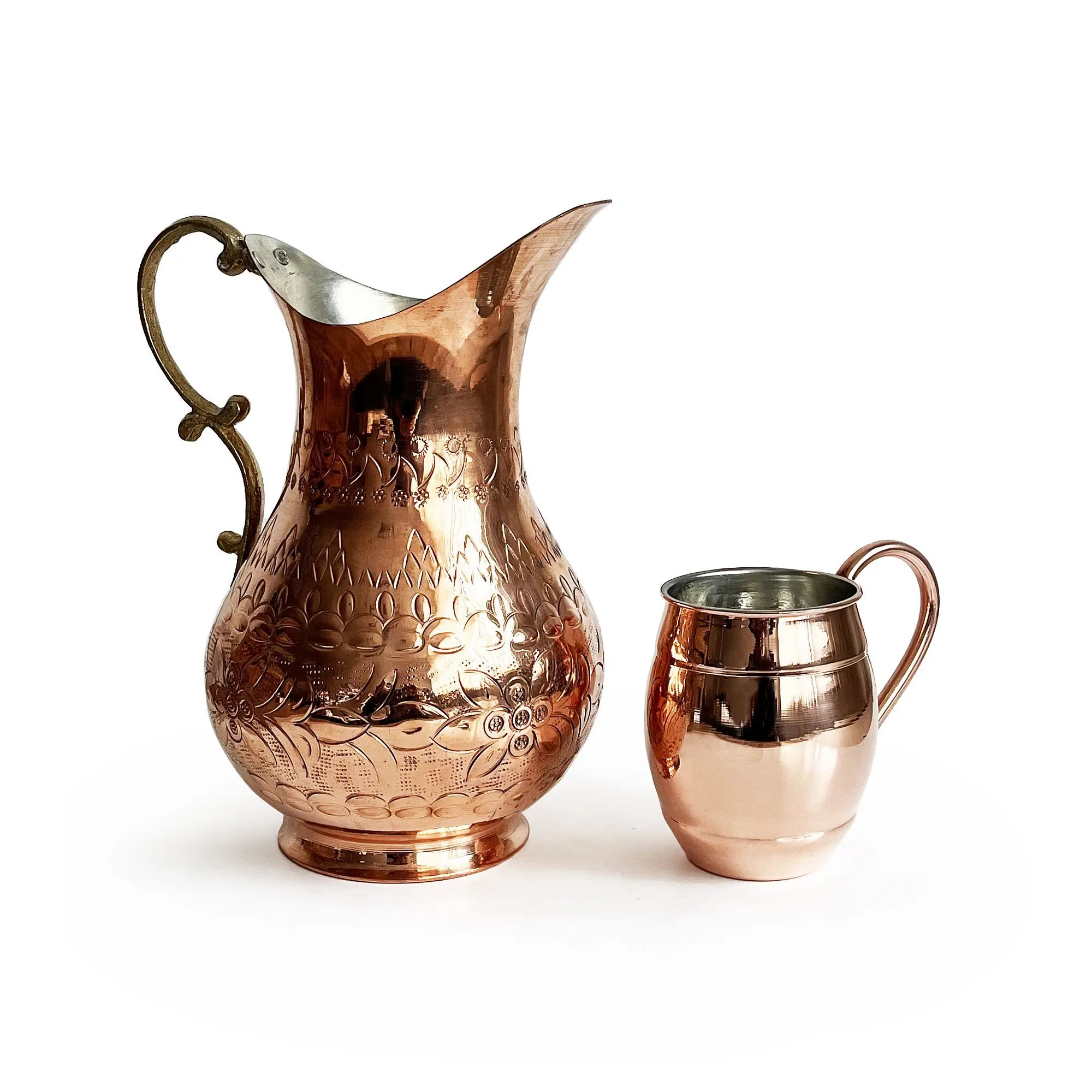 Ottoman Style Hand Embossed Relief Copper Carafe  For Beverage Service, Surahi, Jug, Authentic Design, Ayran Water Jug
