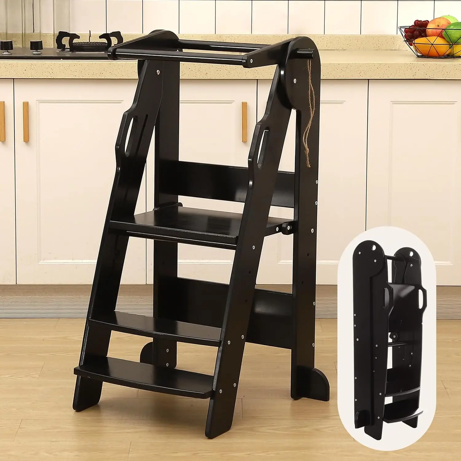 Foldable Kitchen Step Stool for Children 2-6 Years Old 3-Tier Height-Adjustable Toddler Tower with Safety Rails