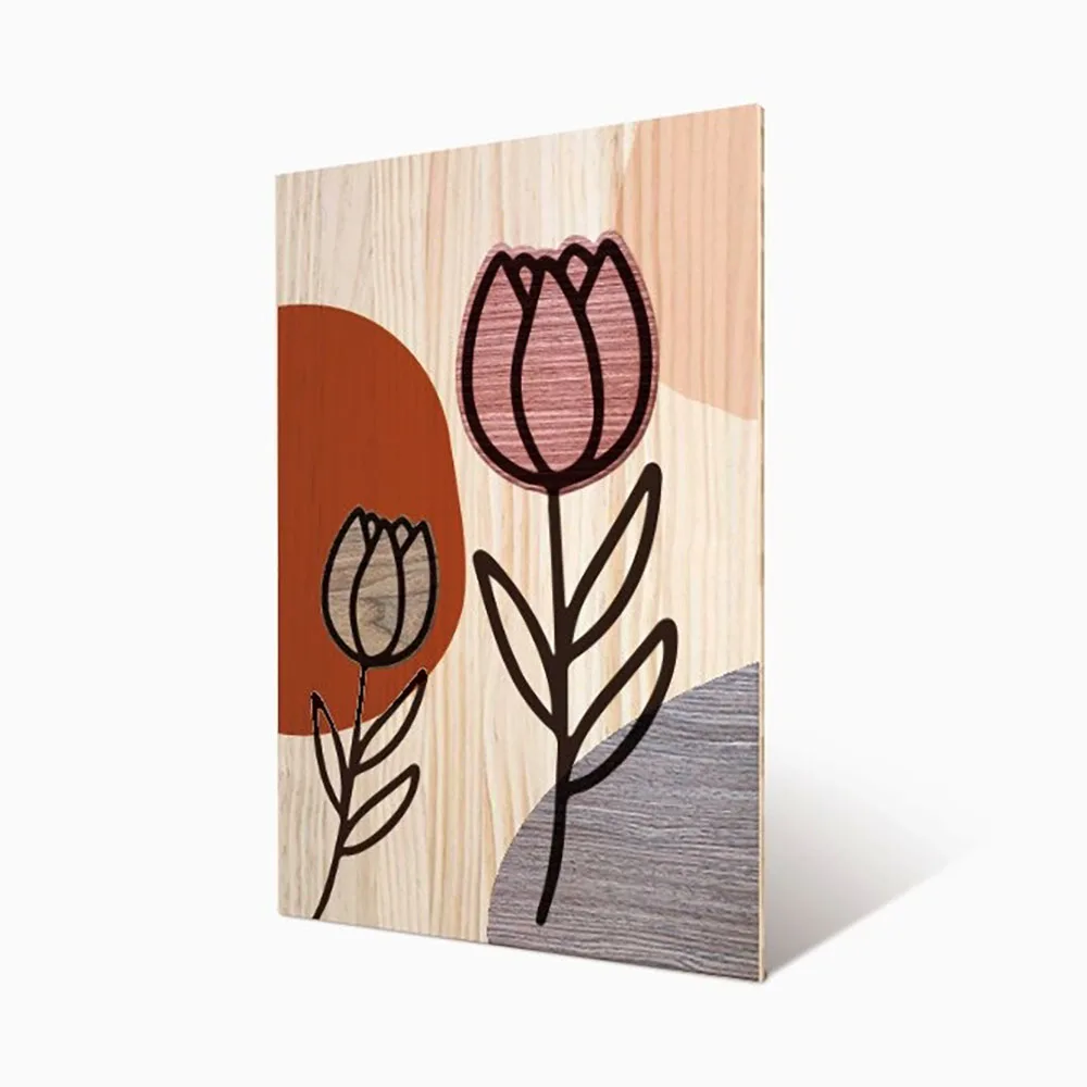 wall hanging painting tulips geometric line round wood for wall decor