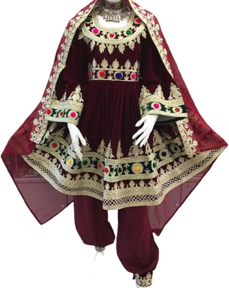 Ethnic Afghan Kuchi Handmade Tribal Traditional Embroidered Women Afghani Dress Long Size in Multi Color for Pashtun Culture