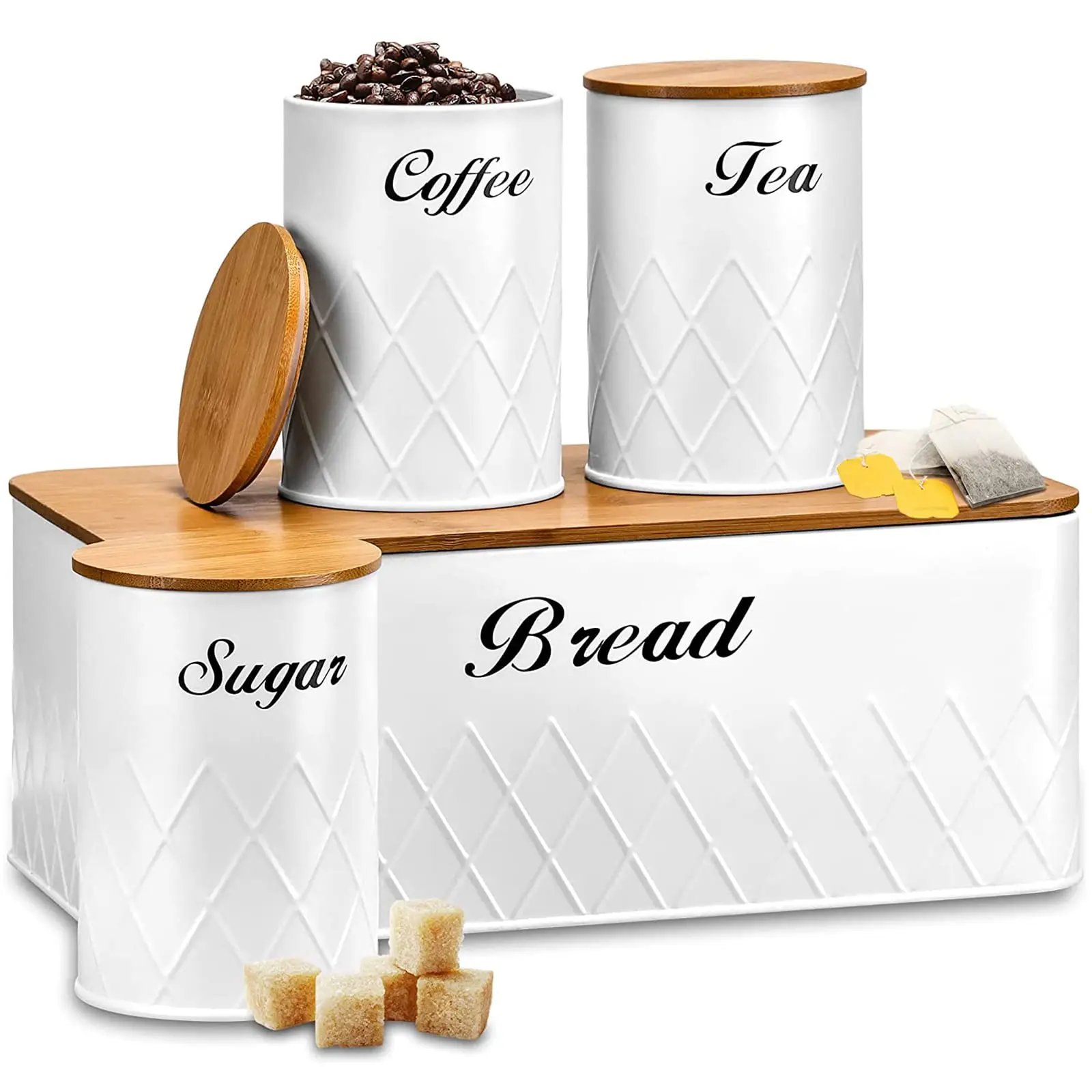 Custom White  Kitchen Tea Coffee Sugar Canisters Jars Tins Sets storage canister With Bamboo Lids