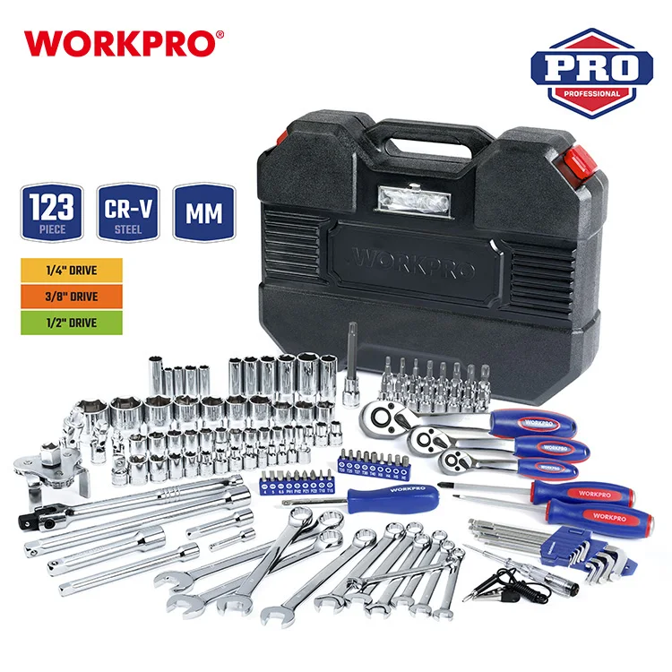 WORKPRO 123PC CR-V Steel 1/4' 3/8' 1/2' Drive Mechanics Tool Set Socket Wrench Set
