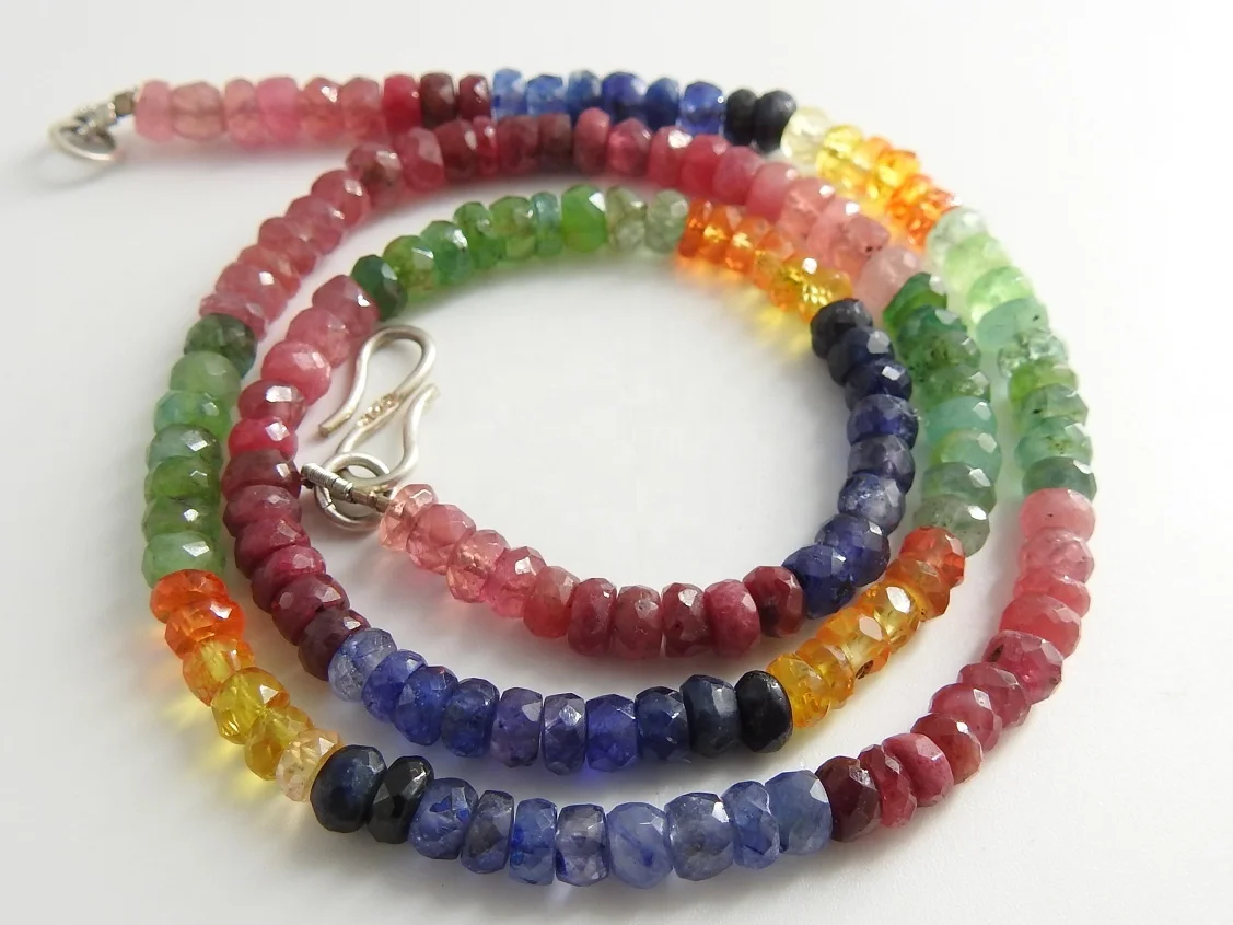 Multi Sapphire Faceted Roundel Bead Necklace 925 Sterling Silver Clasp Handmade Gemstone Fashion Jewelry Necklace Gift For Her