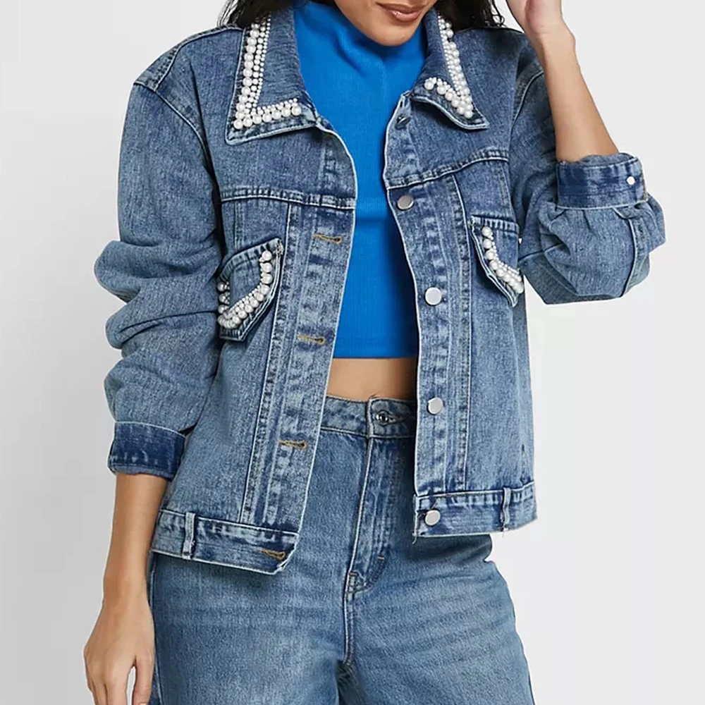 Soft And Comfortable Cotton Fabric Jacket For Women / Wholesale Price Chest Dual Flap Patch Pocket Denim Jacket custom logo