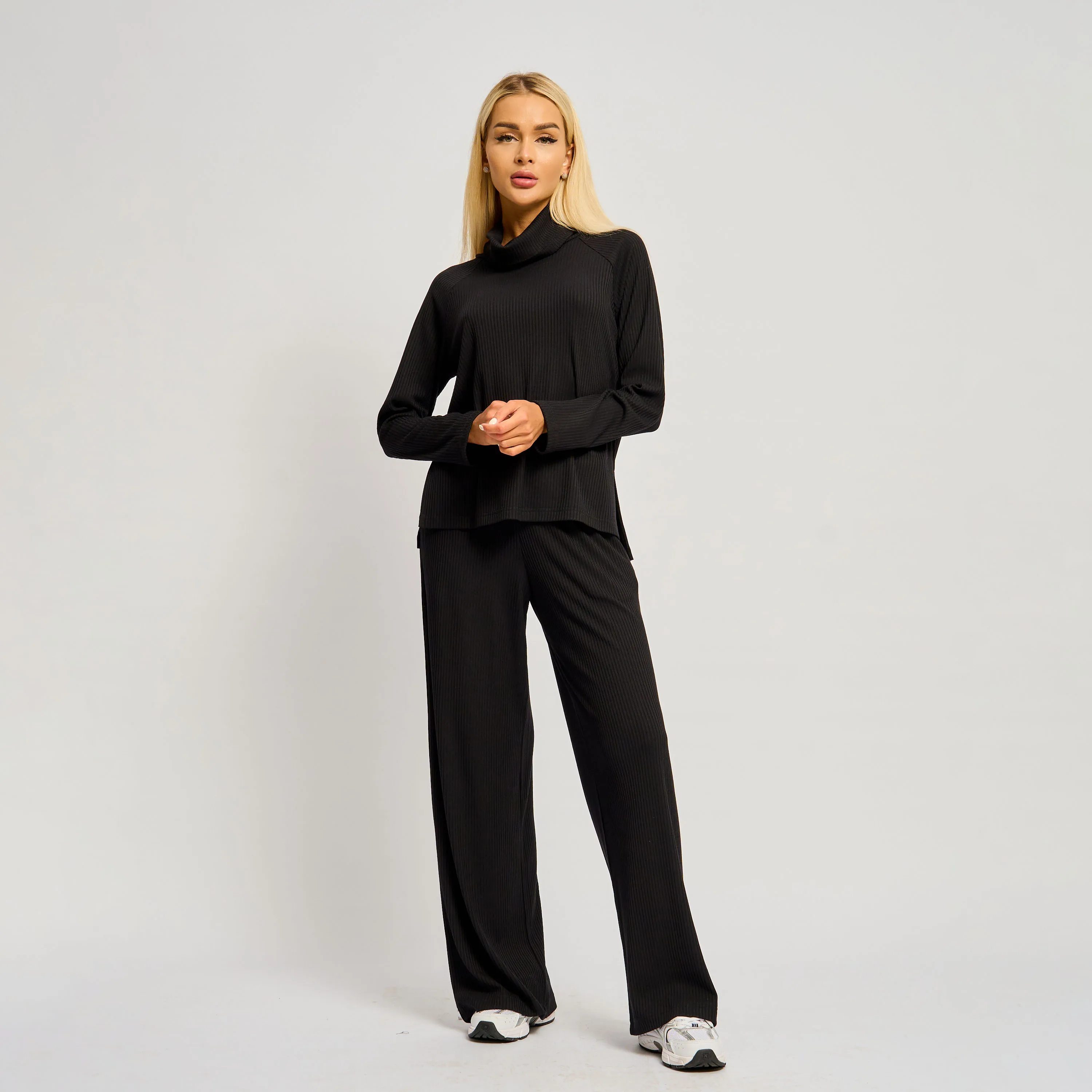 High Quality Black Noodle Suit for Women Trendy Casual Pants Versatile Outfit Suit with Turtleneck