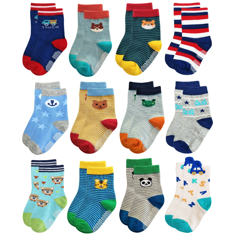 RATIVE Non Skid Anti Slip Crew Socks With Grips For Baby Infant Toddlers Kids Boys