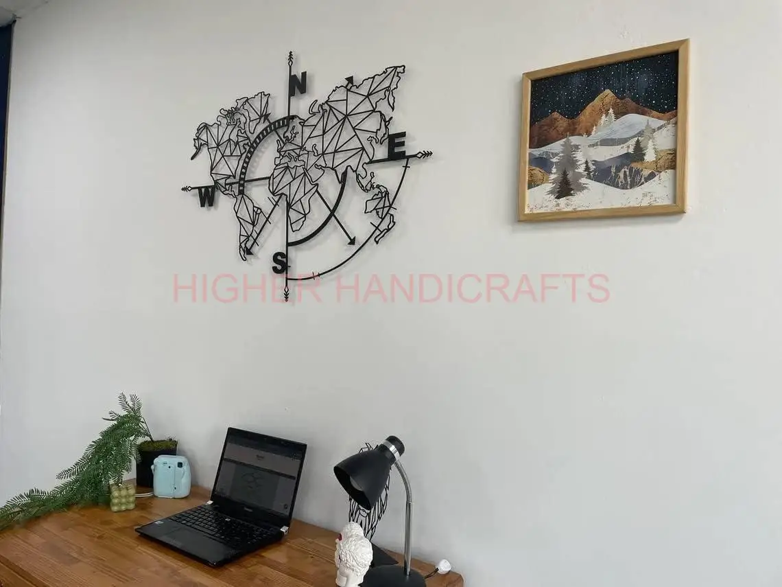 Metal World Map Wall Art Geometric Compass Design Wrought Iron Wall Decor Rustic Metal Mounted Wall Arts for Home Decorations