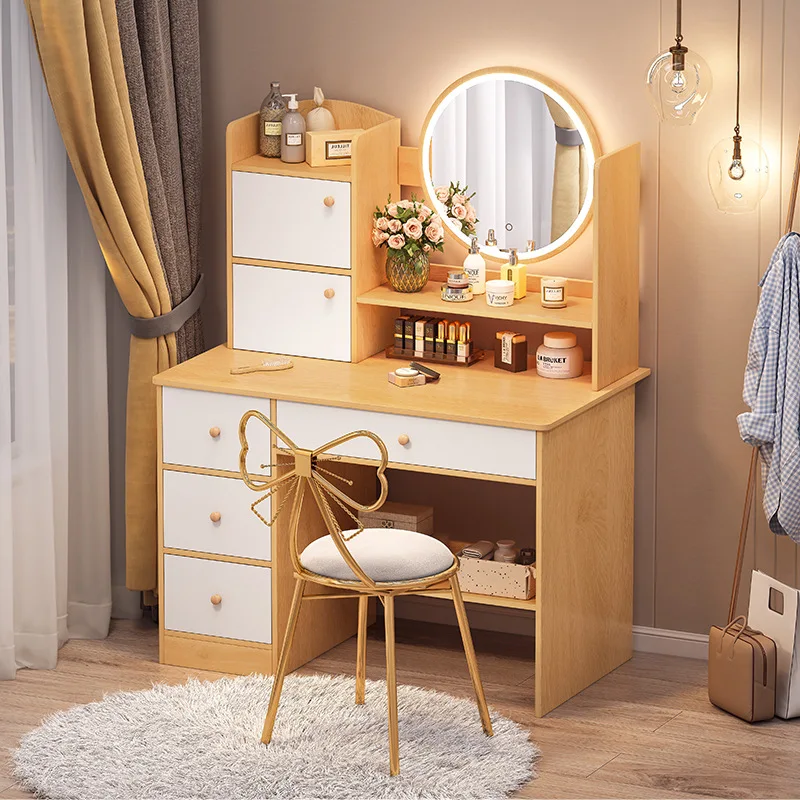 Bedroom Small Storage Cabinet Integrated Vanity With Drawers, Mirror And Stool Wooden Dressing Table Set