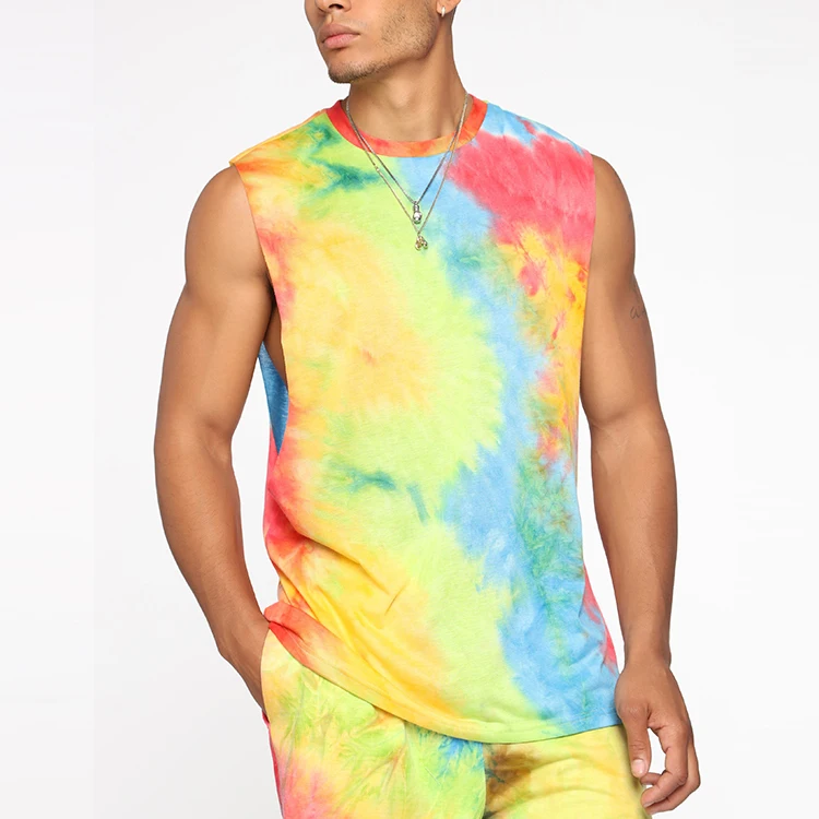 New Arrival Custom Logo Printed Gym Wear Sports Tank Top Stylish Tie Dye Gym Singlet Vest For Men