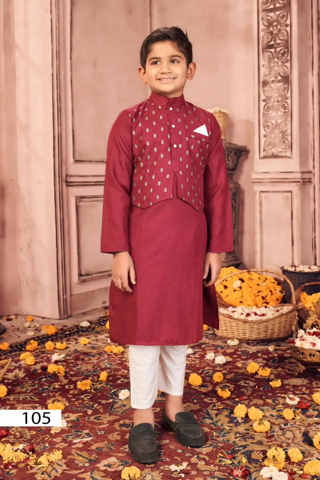 Kids Indian Wedding Wear Set with Cotton Jacket and Green Kurta Pajama