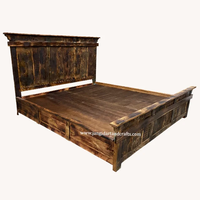 Solid Wood Burnt Finish Platform Rustic Style Home Furniture with Recycled Wood Furniture Old Wooden Mattress 180CM King Bed