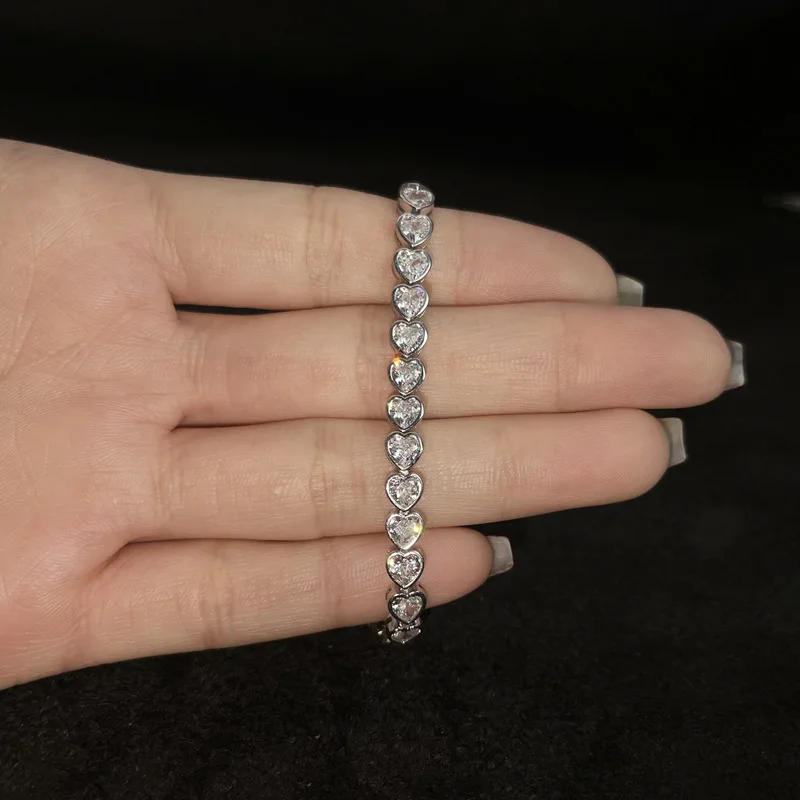 Surrounded heart-shaped zircon tennis bracelet S925 silver material row diamond single row bracelet super flash exquisite full
