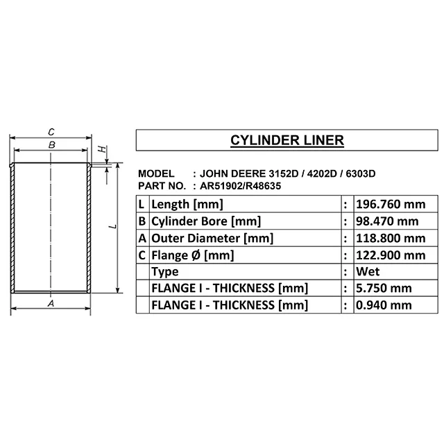 john deere 3152d / 4202d / 6303d for Wet cylinder liner oe ar51902/r48635 id 98.47 od 118.8 length 196.76 made in india
