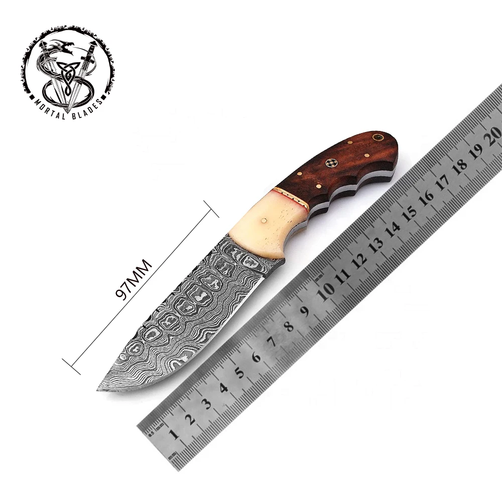 Damascus Steel Fixed Blade Hunting Knife with Leather Sheath Multipurpose Outdoor Knife with Rosewood Handle for Camping