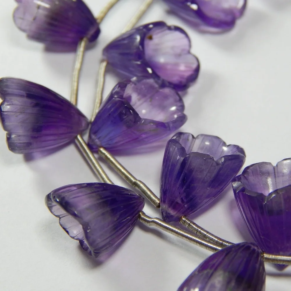 Certified Natural African Amethyst Flower Shape Carved Loose Beads For Jewellery Making