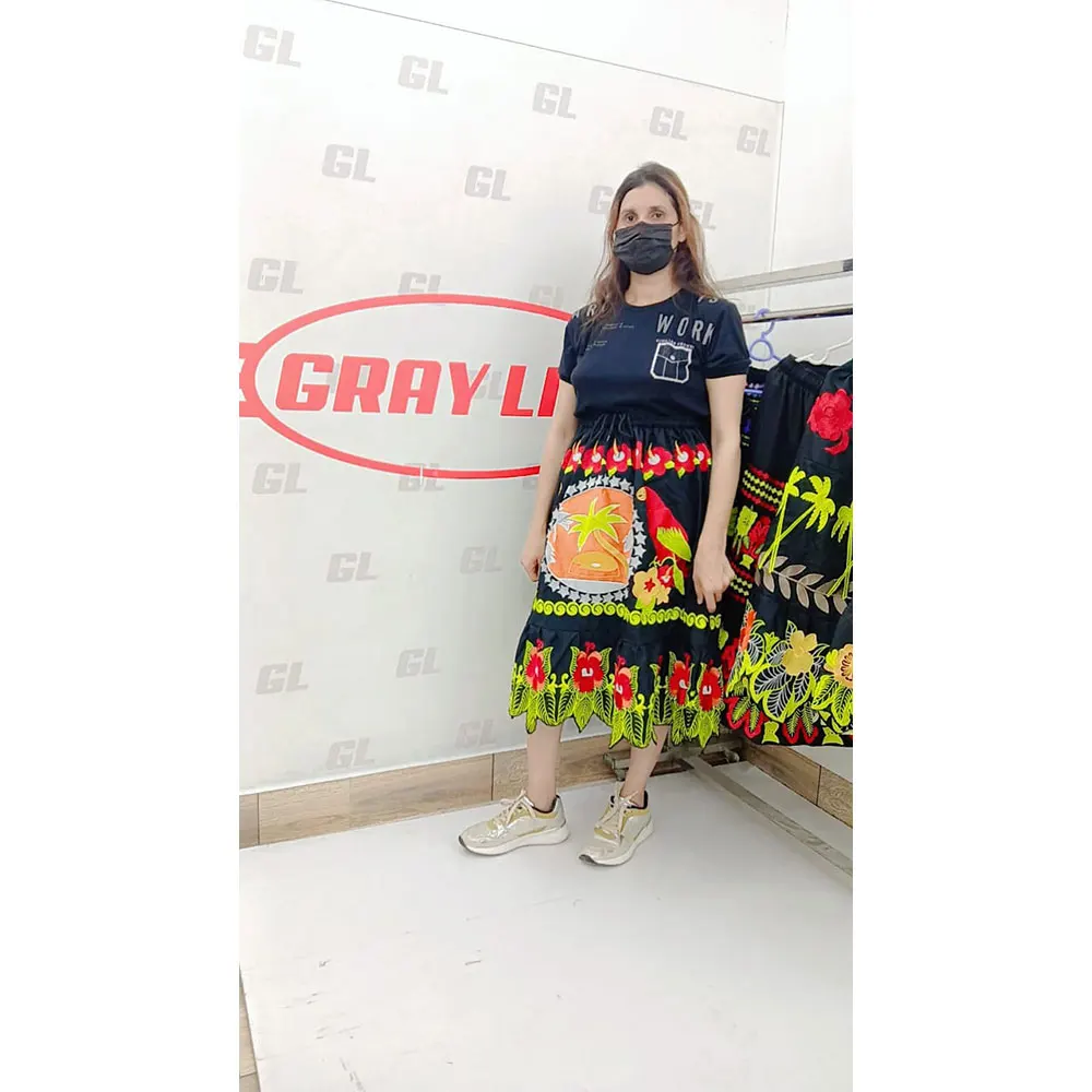 Customized Size And Color Floral embroidery black color casual fashion cotton long skirt for women