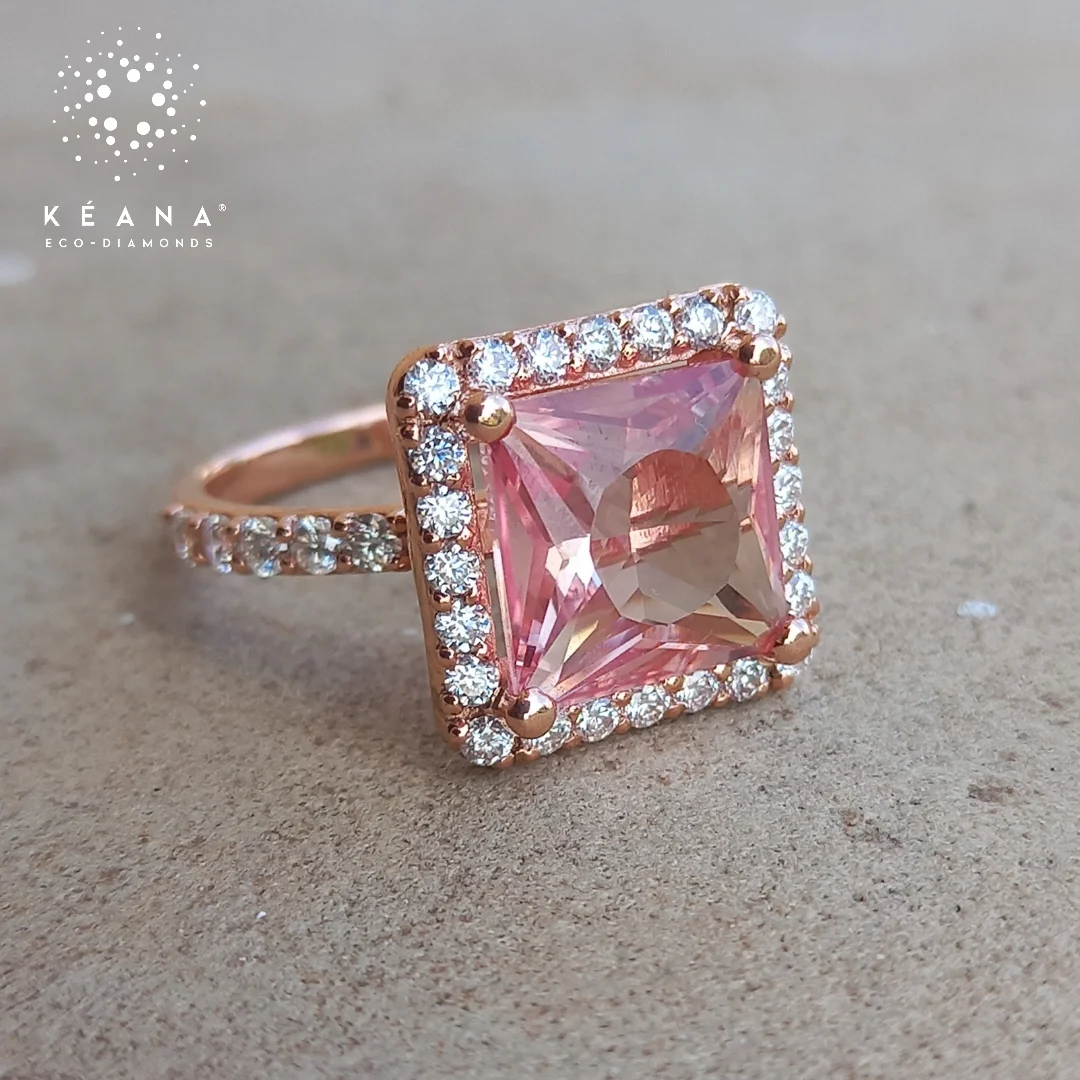 Square Ring With Princess Cut Lab Grown Peach Sapphire and Lab Grown Diamonds 14k Gold Certified Luxury Fine Jewelry