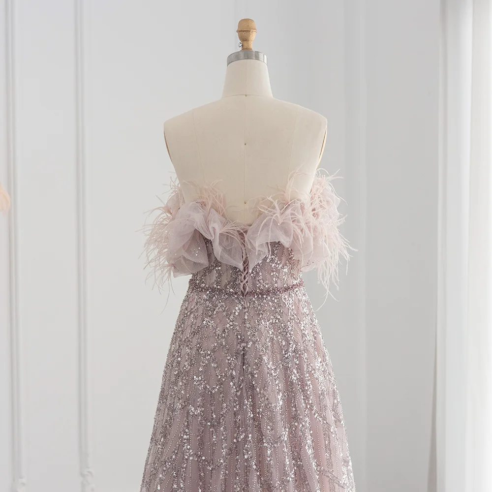 Jancember LSCZ85 New Fashion Feather Sequins Pattern V-neck Strapless Evening Gown Dress