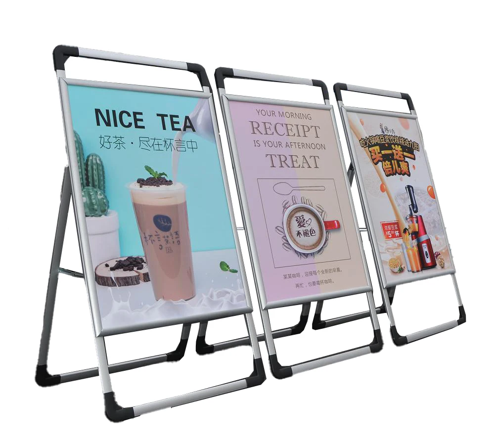 A variety of portable indoor and outdoor tripod supports, poster portable supports, and standing portable banners