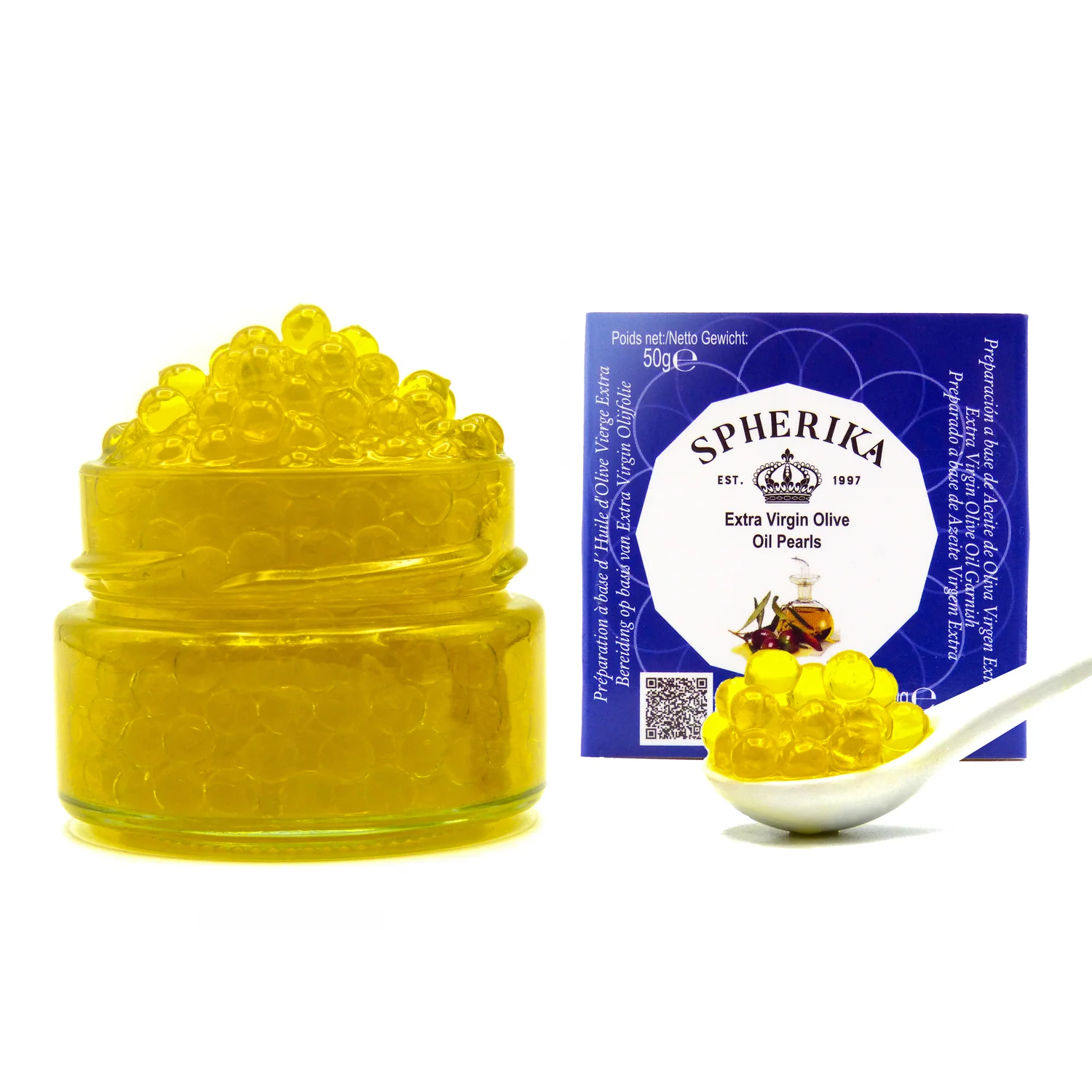 Spherika Extra Virgin Olive Oil -Pearls 50g glass jar 1 oz Spain Mediterranean diet salads olives picual Spherifications