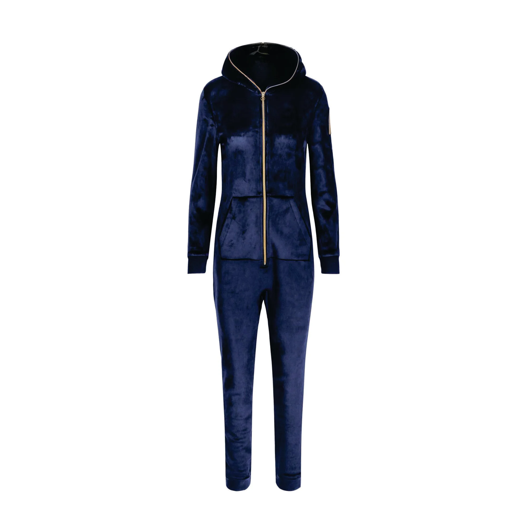 100% Polyester One Way Zipper Opening Front Kangaroo Pocket Navy Women Alps Soft Velvet Fitted Jumpsuit