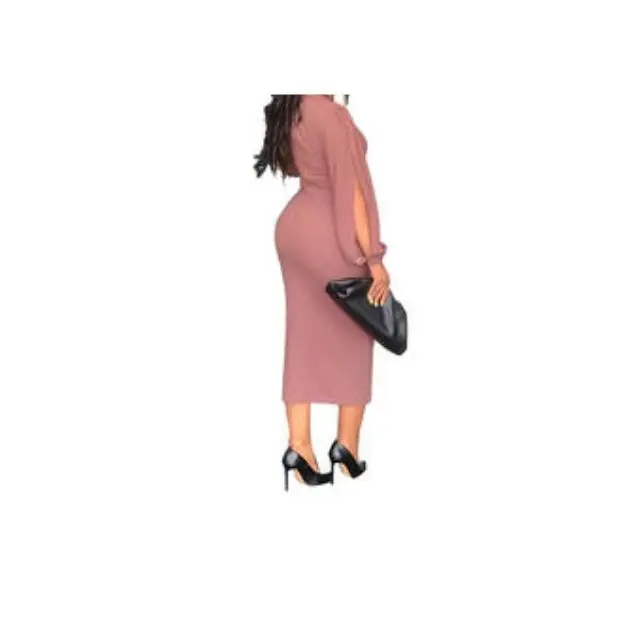 Hot Sales Puff Sleeve Bodycon Midi Dress Solid Color cotton Elegant Office Career Dresses  Women Formal Work Dresses
