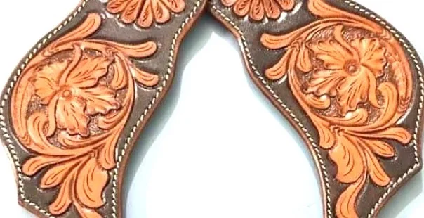 Leather very fine quality hand tolled antique Carving Spur Straps with brass fancy hardware fitting equestrian tack