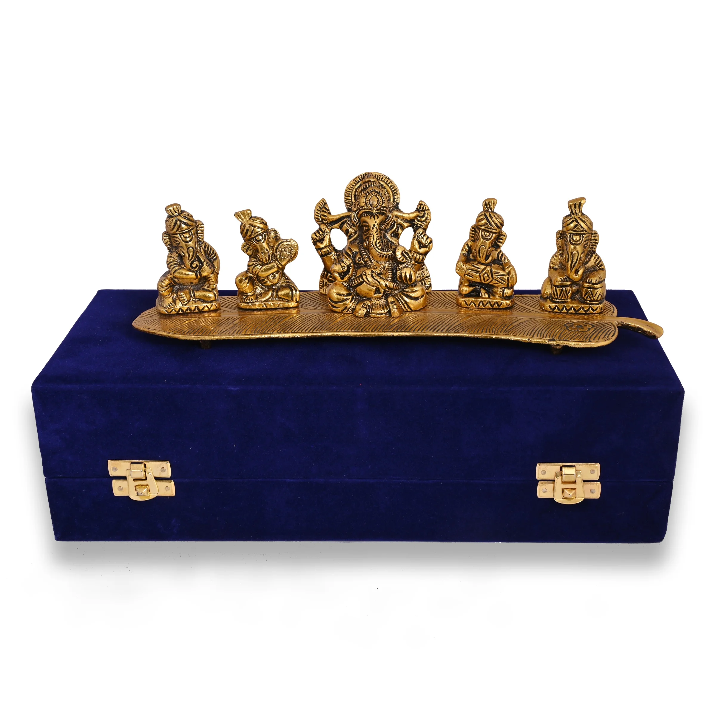 Best House warming gift Gold Plated Lord Ganesha Reasonable Price Set Of 5 Aluminum Lord Ganesha Sitting On Leaf made in India