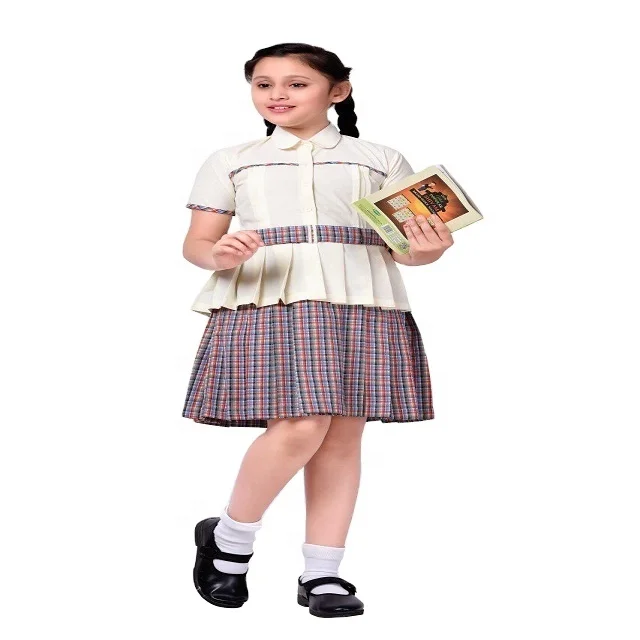 Custom Summer School Uniform for Primary School Girls Plain & Checks Skirt Top with Belt for Kids & Children