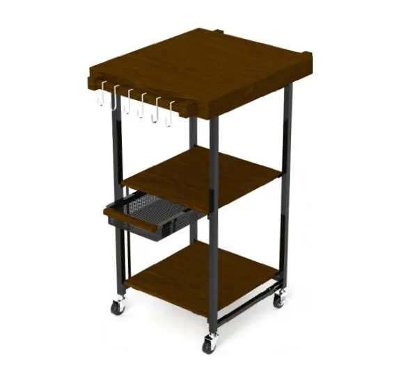 Walnut Multi-Function Kitchen cart with Solid Acacia Top & Shelves And Double Handle Bar