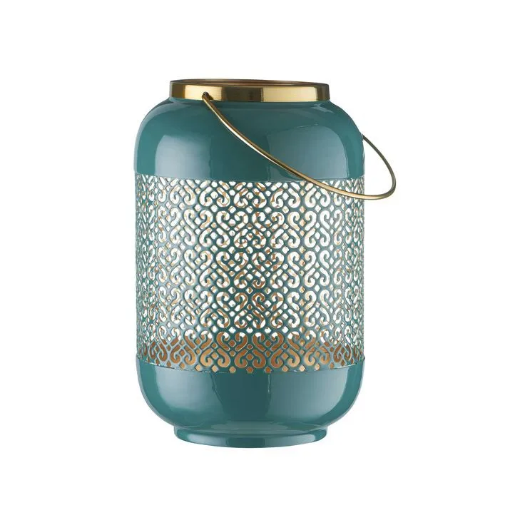 Elegant Luxurious Large Iron Metal Round Lantern with Blue Gold Bottom for Home Gate Decor Candle Holders and Jars